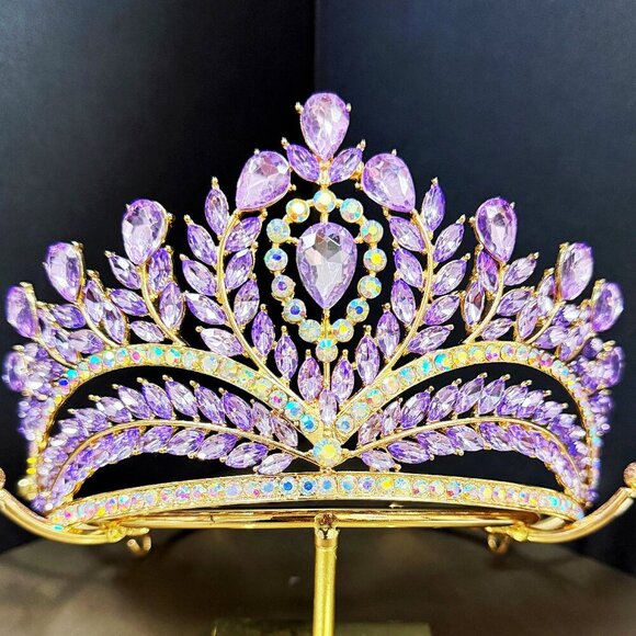Purple Crystal Crown, Quinceanera Crown, Gold Wedding Tiara, Princess Tiara main image 6